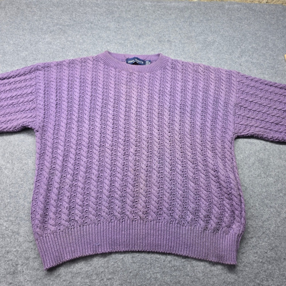 John Weitz Vintage Mens Purple Cable Knit Crewneck Sweater Made in USA Size M